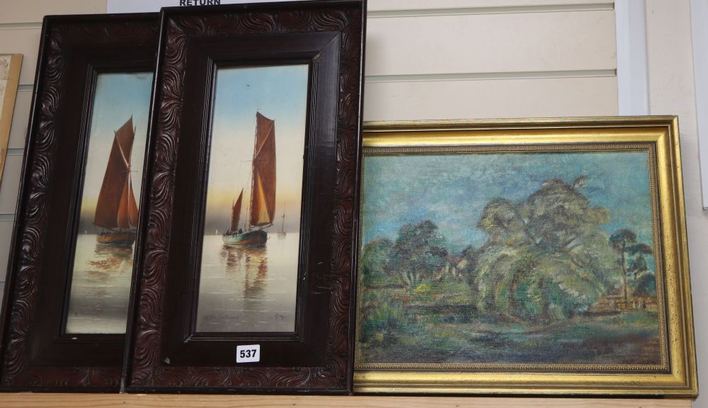 Garman Morris (fl.1900-1930), pair of watercolours, Off the South Coast and Off Brncham, initialled, 38 x 13.5cm and an oil landsca